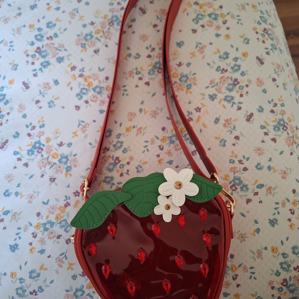 Red Strawberry Crossbody Bag with Floral Detail